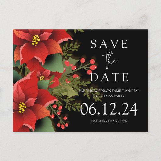 クリスマスのパーティーはPoinsettiaブラックの日付を保存 案内ポストカード (正面)