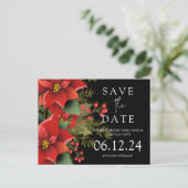 クリスマスのパーティーはPoinsettiaブラックの日付を保存 案内ポストカード (スタンド正面)