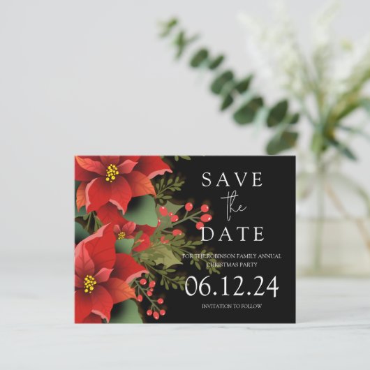 クリスマスのパーティーはPoinsettiaブラックの日付を保存 案内ポストカード (スタンド正面)
