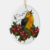 クリスマスのヒイラギが付いている雪のアメリカムシクイ: 芸術 セラミックオーナメント (右)