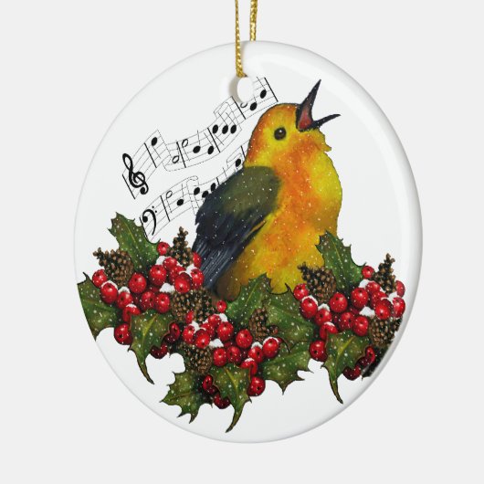 クリスマスのヒイラギが付いている雪のアメリカムシクイ: 芸術 セラミックオーナメント (左)