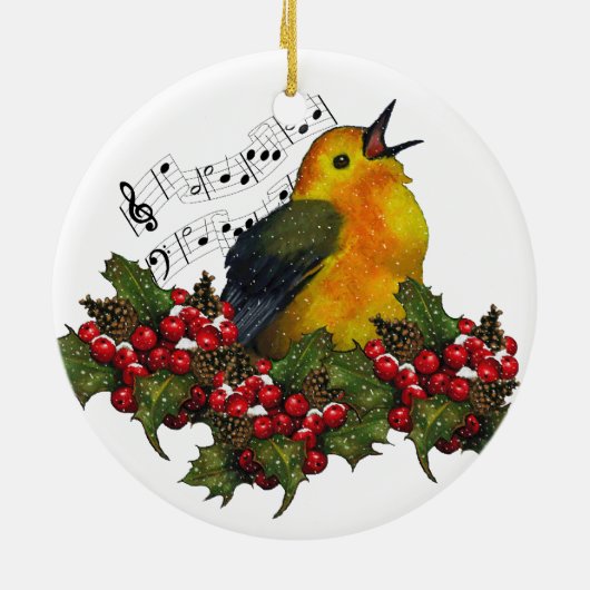 クリスマスのヒイラギが付いている雪のアメリカムシクイ: 芸術 セラミックオーナメント (裏面)