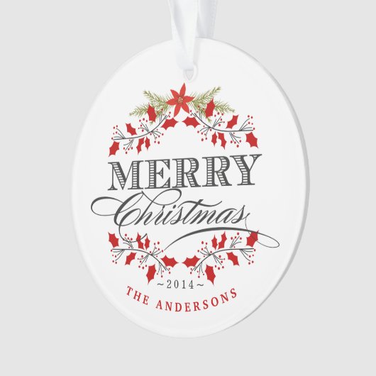 クリスマスのヒイラギのタイポグラフィの家族写真のオーナメント オーナメント (正面)