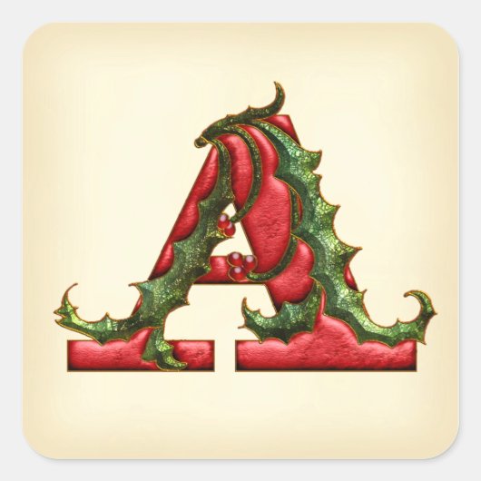 クリスマスのヒイラギのモノグラム封筒用シール スクエアシール (正面)