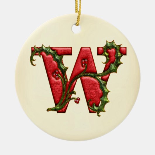 クリスマスのヒイラギのモノグラムW セラミックオーナメント (正面)
