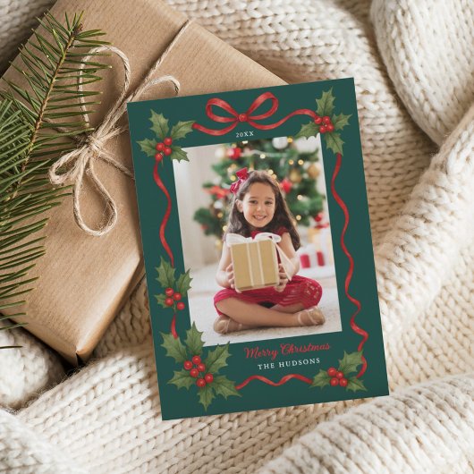 クリスマスのヒイラギのリボンの写真 シーズンカード