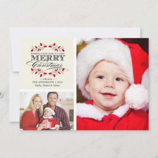 クリスマスのヒイラギのリースのタイポグラフィの2写真カード シーズンカード (正面)