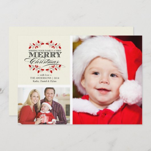 クリスマスのヒイラギのリースのタイポグラフィの2写真カード シーズンカード (正面/裏面)