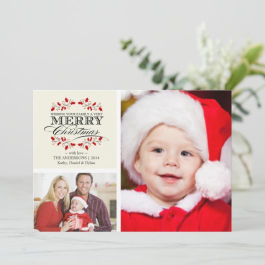 クリスマスのヒイラギのリースのタイポグラフィの2写真カード シーズンカード (スタンド正面)