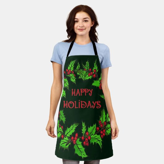 クリスマスのヒイラギのリース Happy Holidays エプロン (着用した状態)