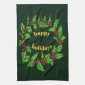 クリスマスのヒイラギのリース Happy Holidays キッチンタオル (縦)