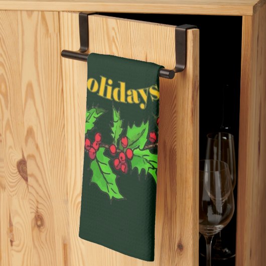 クリスマスのヒイラギのリース Happy Holidays キッチンタオル (三つ折り)