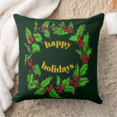 クリスマスのヒイラギのリース Happy Holidays クッション (ブランケット)