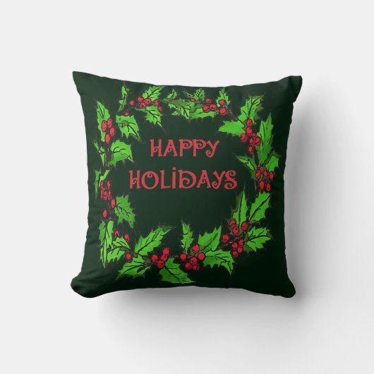 クリスマスのヒイラギのリース Happy Holidays クッション (正面)