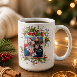 クリスマスのヒイラギの枝の写真マグカップ コーヒーマグカップ