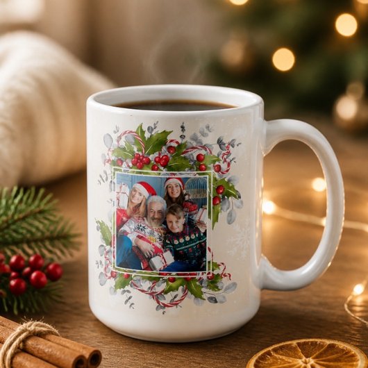 クリスマスのヒイラギの枝の写真マグカップ コーヒーマグカップ