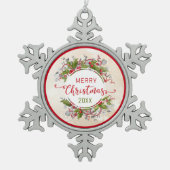 クリスマスのヒイラギの枝 スノーフレークピューターオーナメント (正面)