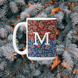 クリスマスのヒイラギの葉と赤と緑の実 コーヒーマグカップ