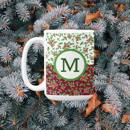 クリスマスのヒイラギの葉と赤と緑の実 コーヒーマグカップ