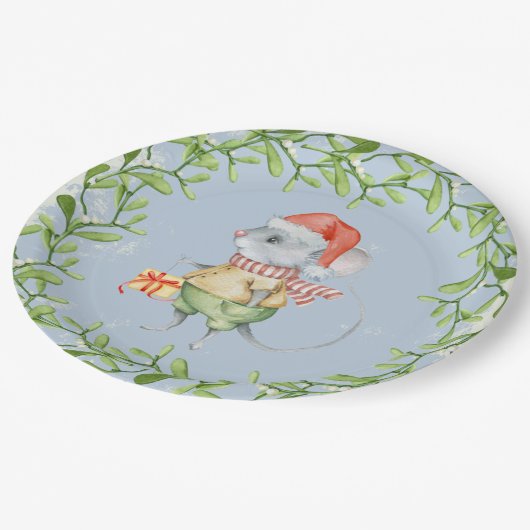 クリスマスのヒイラギを持つ水彩画のサンタのマウス ペーパープレート (アングル)
