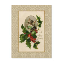 クリスマスのヒイラギ 猫 ビンテージ風複製 ポストカード