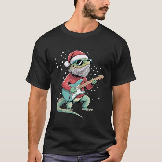 クリスマスのヒゲトカゲ ギター演奏 ミュージシャン Tシャツ (正面)