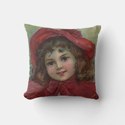 クリスマスのビクトリア朝の子供の赤い帽子の少女の肖像画 クッション (正面)