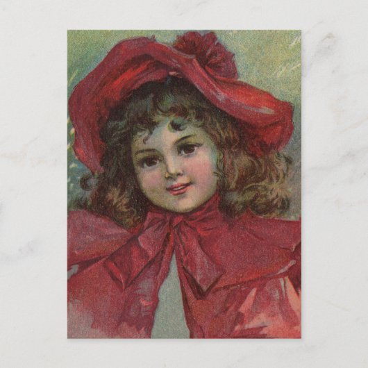 クリスマスのビクトリア朝の子供の赤い帽子の少女の肖像画 シーズンポストカード (正面)