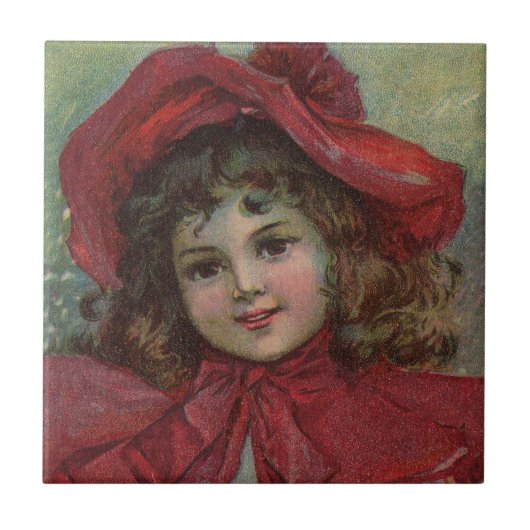 クリスマスのビクトリア朝の子供の赤い帽子の少女の肖像画 タイル (正面)
