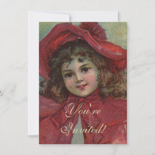 クリスマスのビクトリア朝の子供の赤い帽子の少女の肖像画 招待状 (正面)