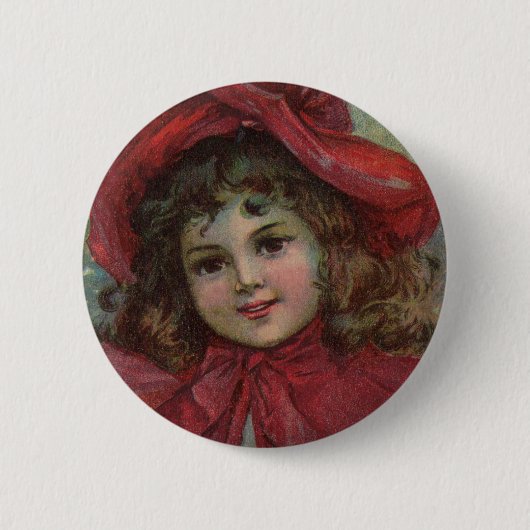クリスマスのビクトリア朝の子供の赤い帽子の少女の肖像画 缶バッジ (正面)