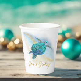 クリスマスのビーチのウミガメの季節の挨拶 紙コップ