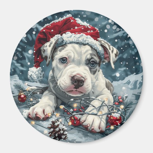 クリスマスのピットブル サンタの子犬 マグネット (正面)