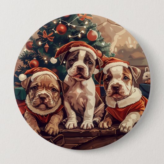 クリスマスのピットブル・パピー犬 缶バッジ (正面)