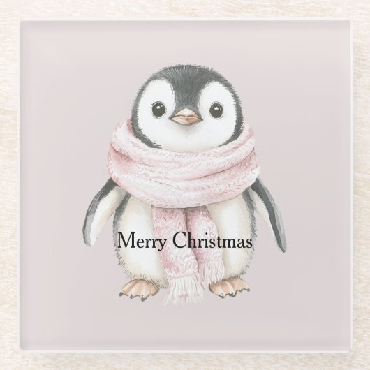 クリスマスのピンクのスカーフのペンギン ガラスコースター (正面)