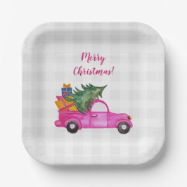 クリスマスのピンクのトラックとツリーと願い ペーパープレート