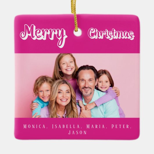 クリスマスのピンクの写真の名モダン前（白） セラミックオーナメント (正面)