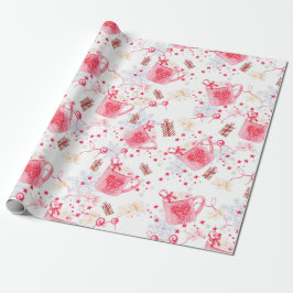 クリスマスのピンクの熱いココア ラッピングペーパー