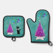 クリスマスのピンクツリーと星ラグ 黒猫とターコイズブルー 鍋つかみ&鍋敷きセット (正面)