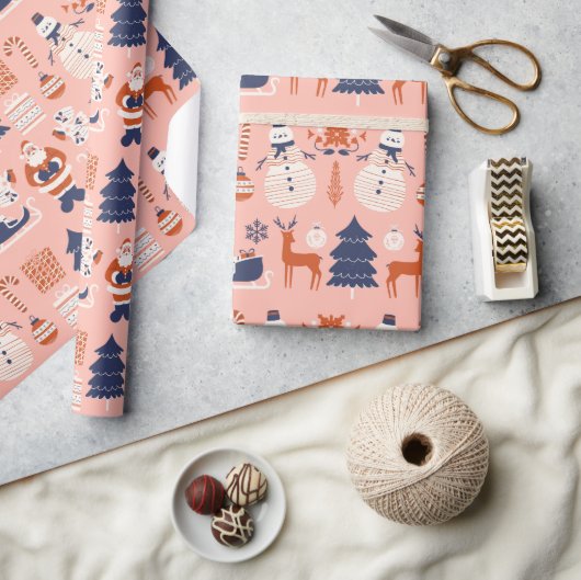 クリスマスのピンクレッドブルーの例証スタイル ラッピングペーパー (クラフト)