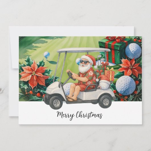 クリスマスのフェアウェイをゴルフカートに乗って運転するサンタクロース シーズンカード (正面)