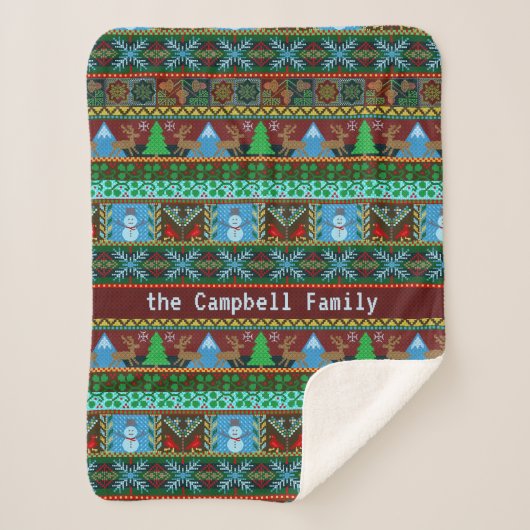 クリスマスのフェイクなニットの雪だるまのトナカイ|の姓 シェルパブランケット (正面)