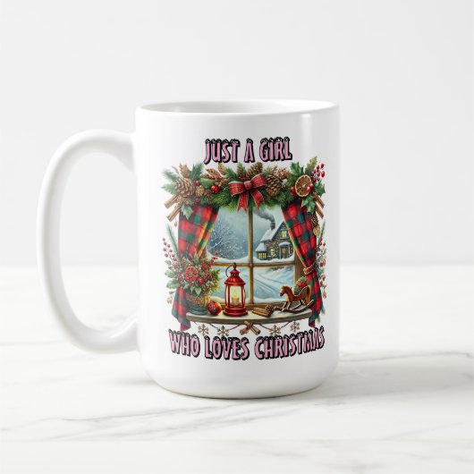 クリスマスのフェスティバル飾り付き窓 コーヒーマグカップ (左)