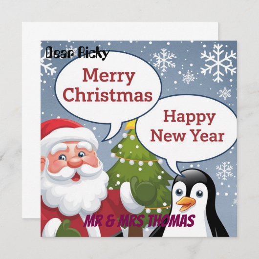 クリスマスのフェスティブなグリーティングカード サンタ&ペンギン 招待状 (正面/裏面)