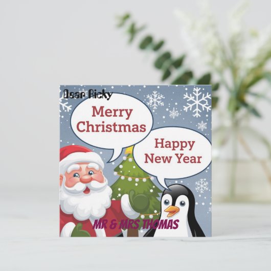 クリスマスのフェスティブなグリーティングカード サンタ＆ペンギン 招待状 (スタンド正面)