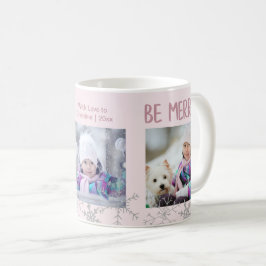 クリスマスのフォトコラージュ プレゼントに Be Merry スノーフレーク ピンク コーヒーマグカップ