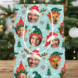クリスマスのフォトコラージュ 楽しいフェイスブルー ミディアムペーパーバッグ