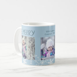 クリスマスのフォトコラージュ Be Merry スノーフレーク ブルー コーヒーマグカップ