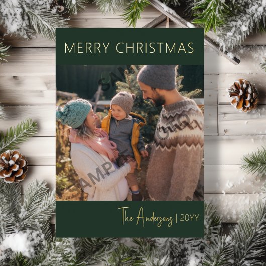 クリスマスのフォレストグリーンとゴールドの写真 箔シーズンカード