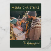 クリスマスのフォレストグリーンとゴールドの写真 箔シーズンカード (正面)